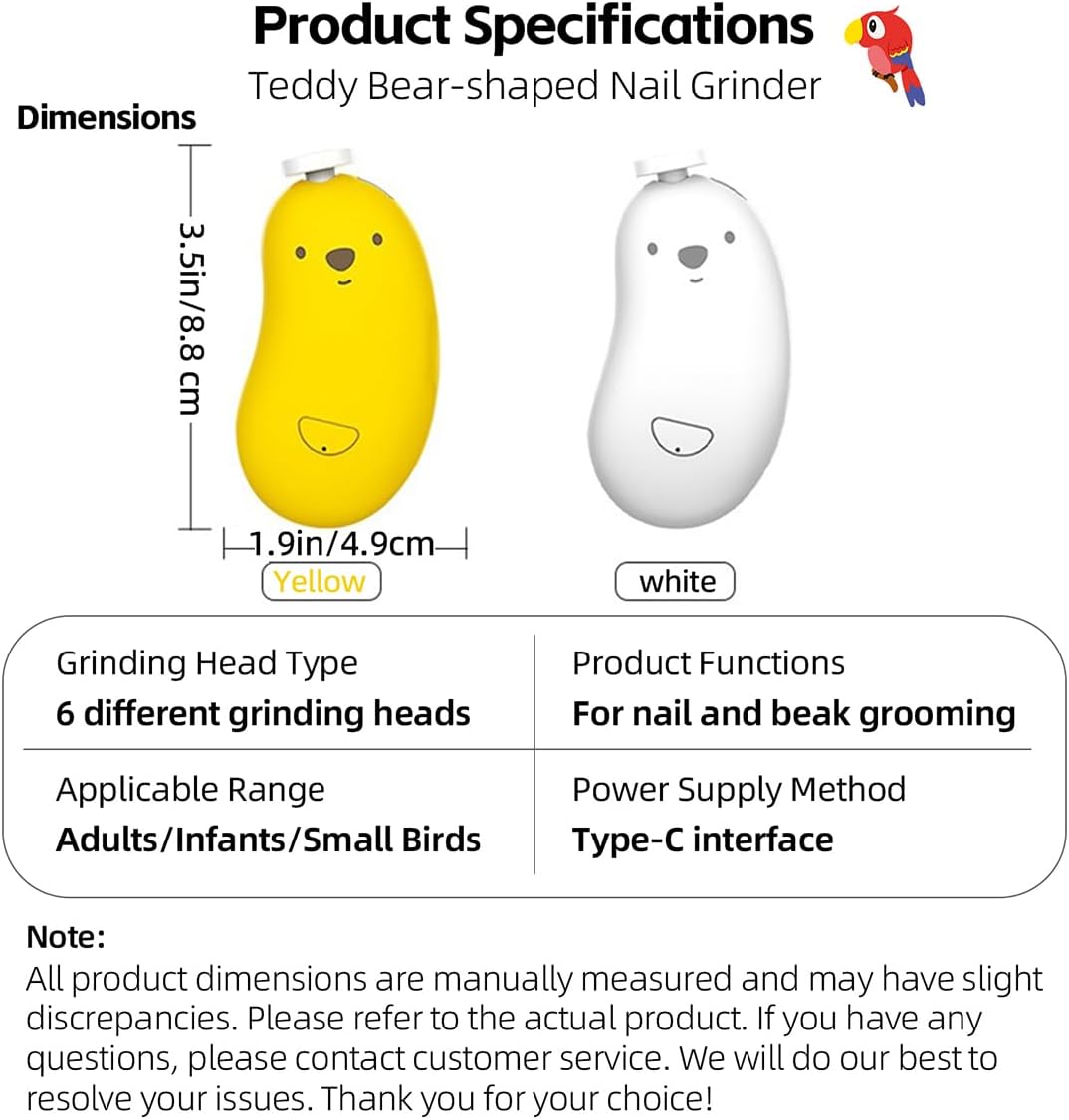 MANON ROSA Bird Nail Grinder, Bird Beak Grinder- Safe and Quiet Bird Nail Care Tool, Complete Grooming Kit for Parrots Conures Cockatiels Finches Parakeets, Premium Beak Maintenance (Yellow)