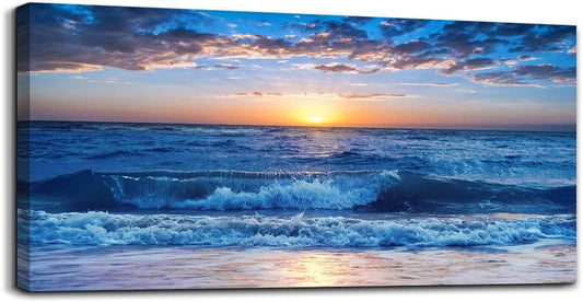 canvas wall art for living room Blue Ocean Sea sun landscape painting bathroom Wall Decor Ready to Hang for Home Decorations office family bedroom kitchen Works canvas Prints pictures 24" x 48"inch