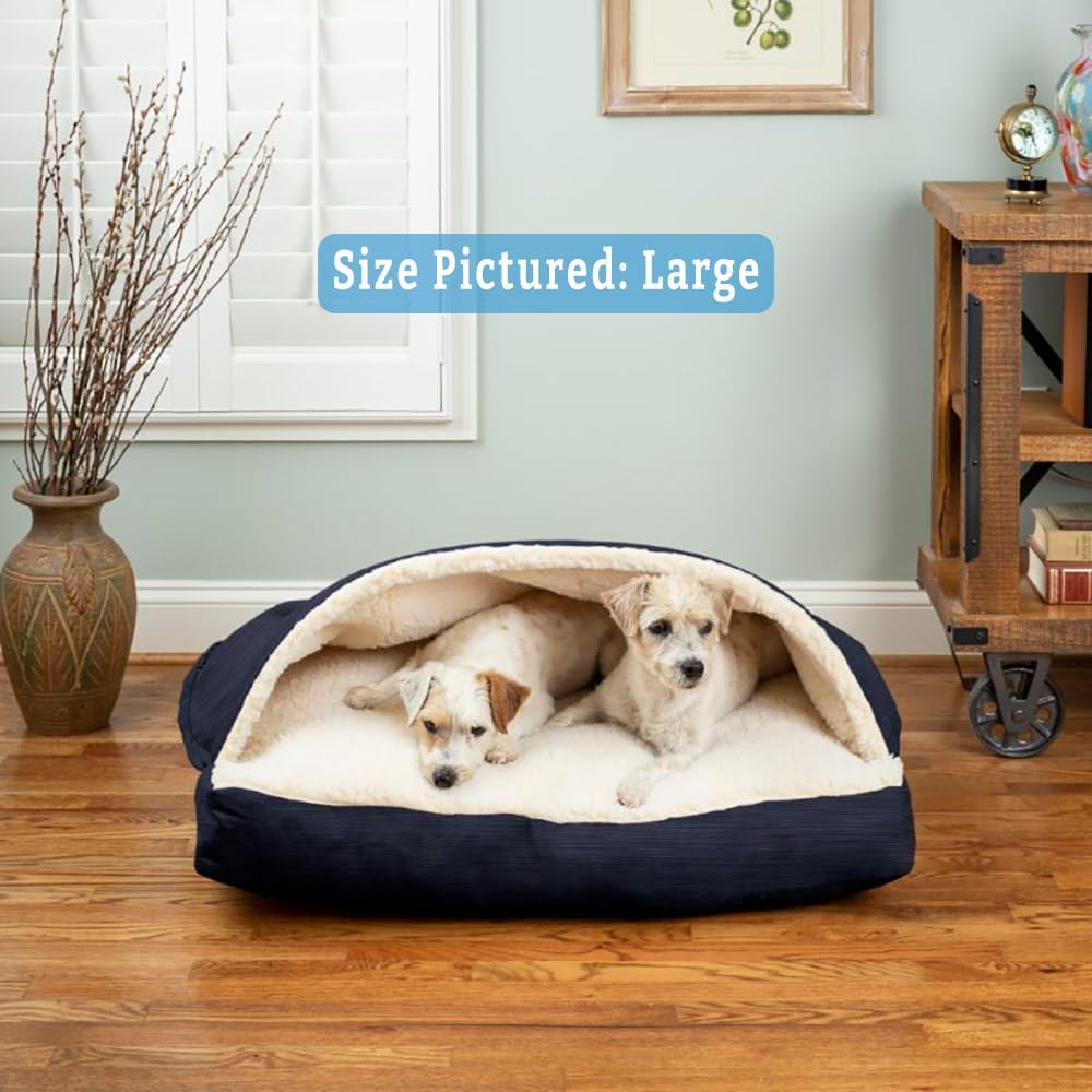 Snoozer Rectangle Cozy Cave Dog Bed - Indoor Dog Bed with Cover Cave, Covered Calming Burrow for Medium & Large Sized Pets with Blanket Attached, Enclosed, Washable - Large, Navy