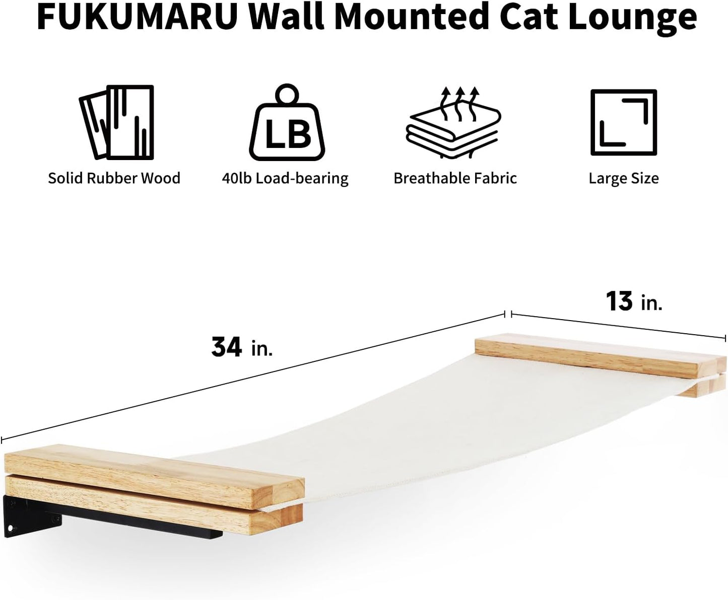FUKUMARU Cat Wall Furniture, 34 x 13 inch Cats Hammock Shelves, Rubberwood Kitten Window Perch, Easy DIY Installation