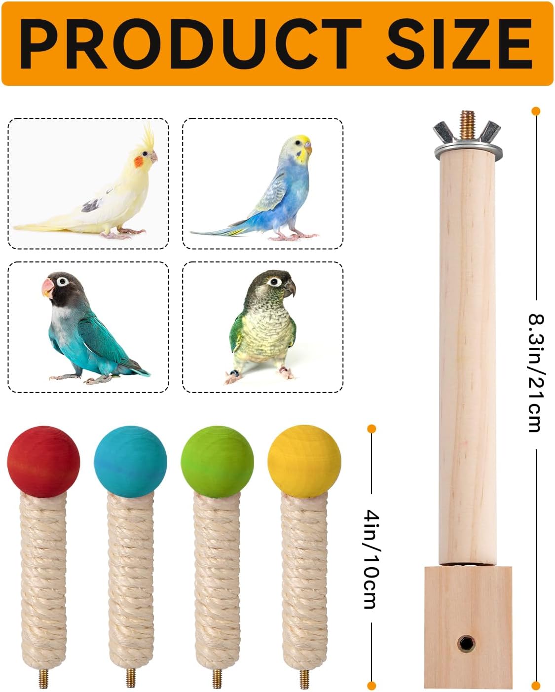 Bird Stand Perch Toy, 360° Wooden Spinning Toy for Parrots, Fun Cage Toy Accessory, Suitable for Budgies, Cockatiels, Lovebirds, Parakeets, Finches and Other Small to Medium Birds