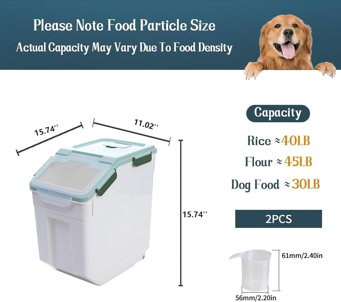 AnRui Rice Storage Container 50LB, Airtight Flour Storage Containers, Plastic Cereal Grain Dispenser Organizer Pet Food Storage Bin with Lid, Measuring Cup, Scoop, Green, 2Pcs(Total Capacity:100LBS)