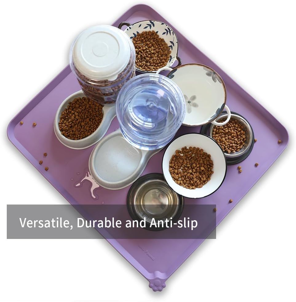 Hoki Found XX-Large Silicone Pet Food Mats - Non Slip Dog Cat Bowl Placemats - Waterproof Dog Cat Food Mats for Carpet - Amethyst