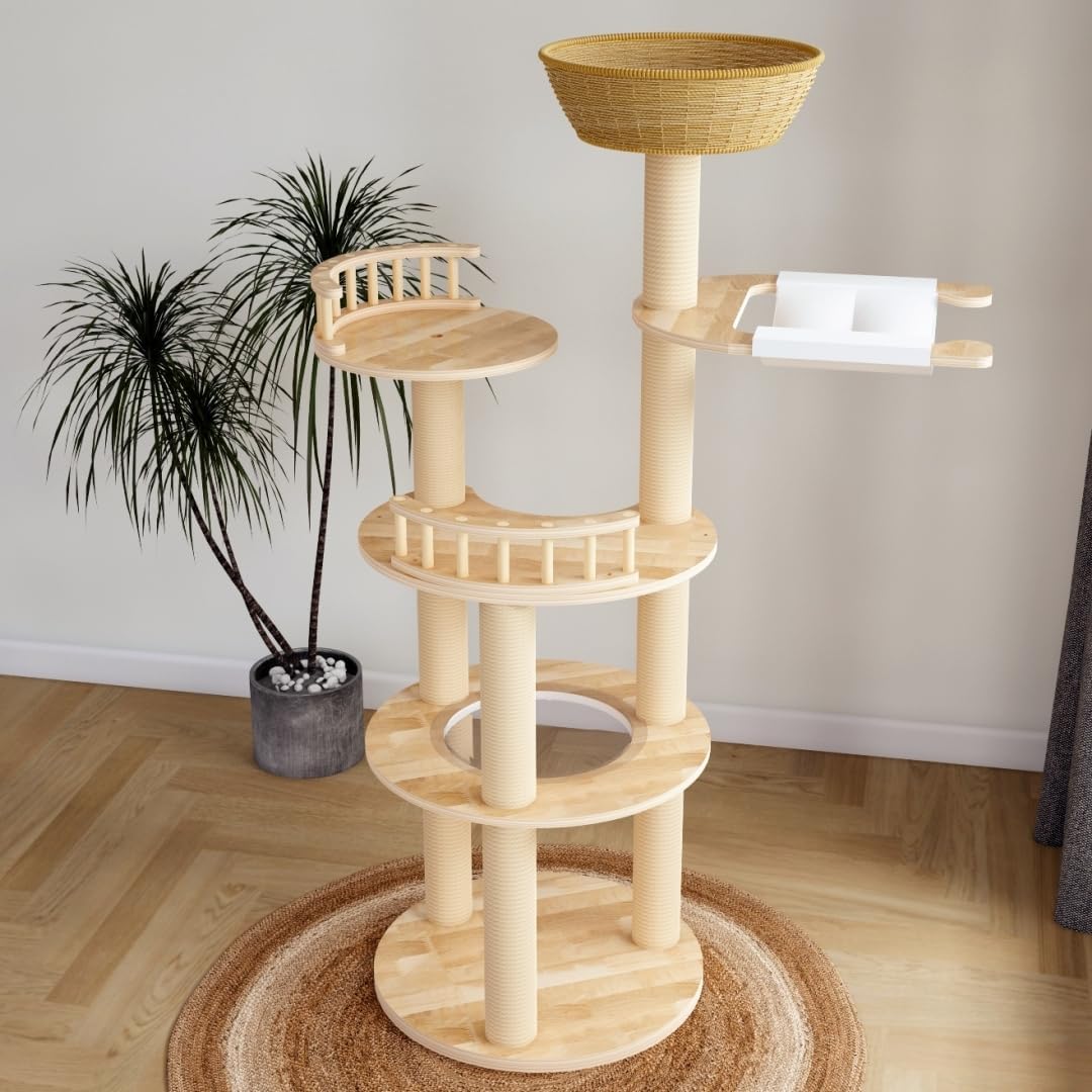 Modern Wood Cat Tree for Large Cats,Luxury Rattan Oak Cat Trees Towers，Rattan Cat Tree with Capsule &Hammock，3 Weaving Cat Nests & Washable, Sisal Scratching Posts, for Indoor Cats, (Large 02)