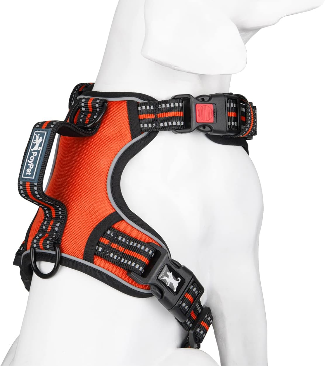 PoyPet No Pull Dog Harness, No Choke Front Clip Reflective Dog Vest with Soft Padded Vertical Handle, 3 Leash Attachments for Small Medium Large Dogs (Orange,L)