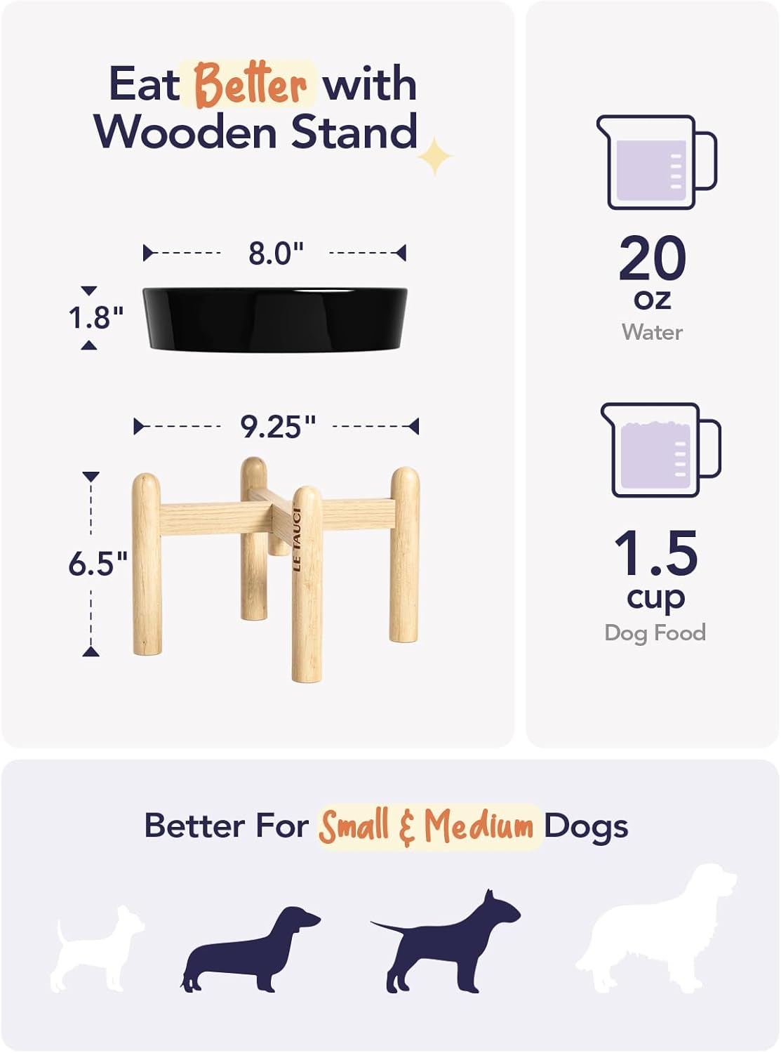 LE TAUCI Ceramic Slow Feeder Dog Bowls Elevated, 1.5 Cups Raised Dog Food Bowl with Wooden Stand for Small Medium Breed, Pet Dishes to Slow Down Eating, Skull Black