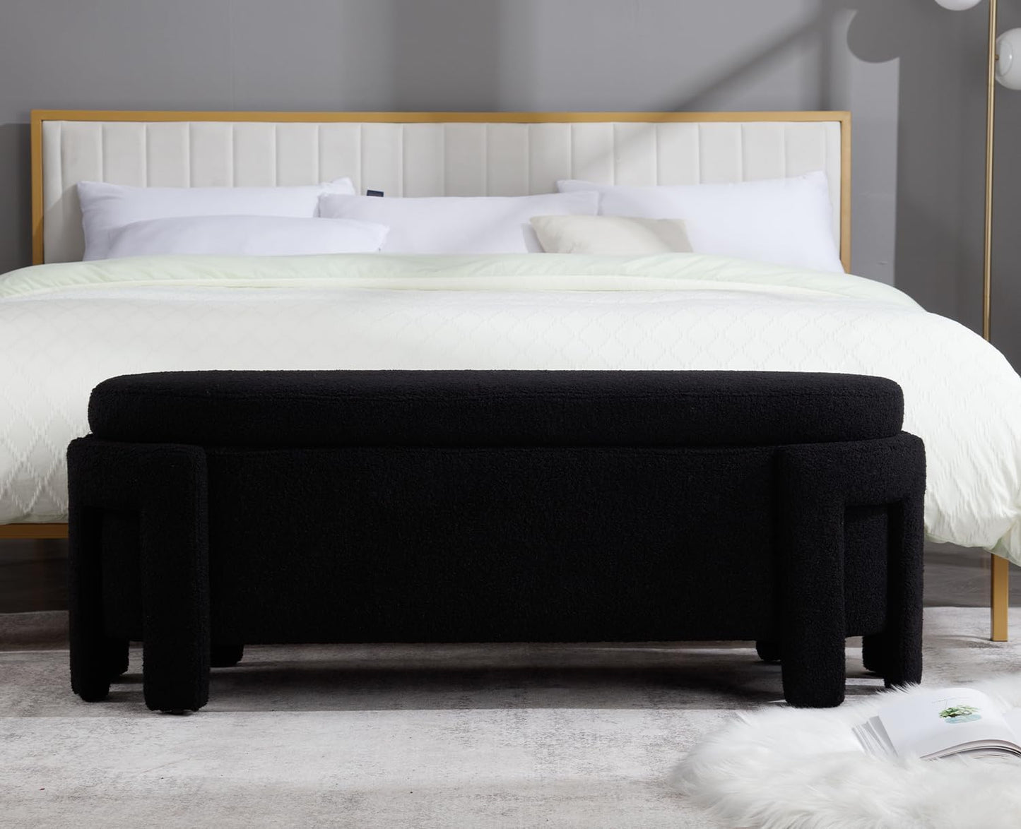 Kmax 50" Storage Ottoman Bench Modern Faux Fur Boucle Entryway Bench Comfy Upholstered End of Bed Bench for Hallway Entrance Bedroom Corner, Black