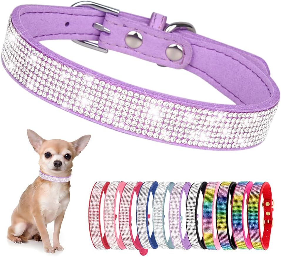 Rhinestone Dog Collar for Small Dogs, Bling Diamond Fancy Crystal Glitter Pretty Jewel Pet Puppy Collars for XXS XS Small Medium Large Breed Girl Dogs Female Cats Kitten, Purple S