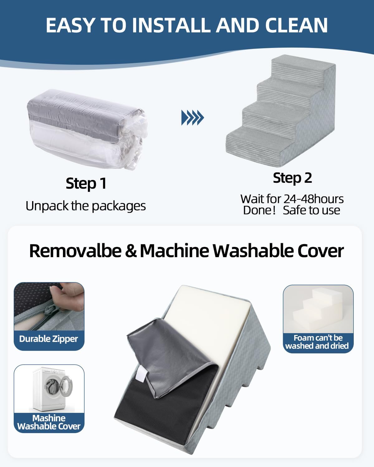 Dog Stairs for Small Dogs,22" H,5-Step Dog Steps for Bed and Couch with High Density Foam,Non-Slip Pet Steps for Doggy and Cat,Pet Stairs with a Washable Cover,Grey