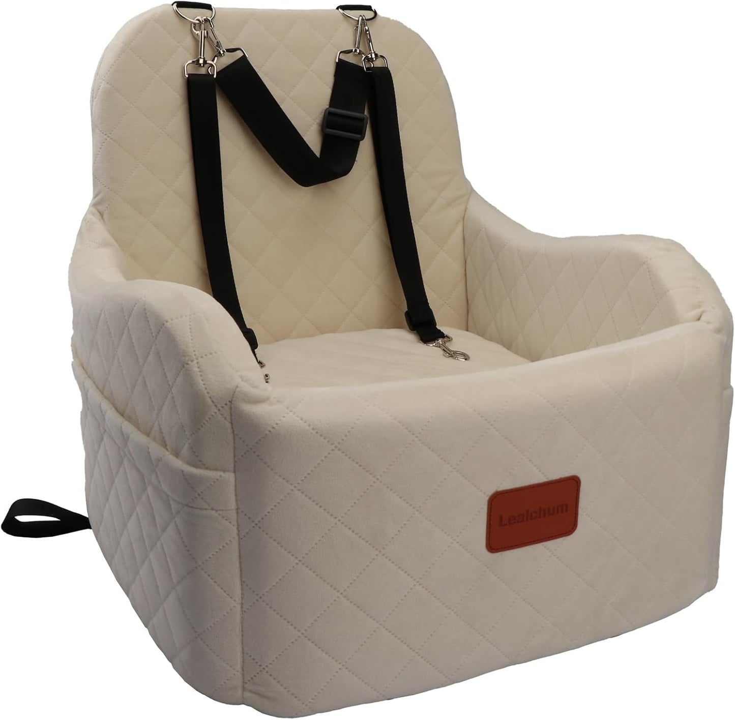 Dog Booster Car Seat,Ultra Soft Fabric & Filling Memory Foam,Elevated Cushion,3 Straps & Safety Belt Channel,Anti-Slip Base,Fully Detachable and Washable(Beige,Medium)