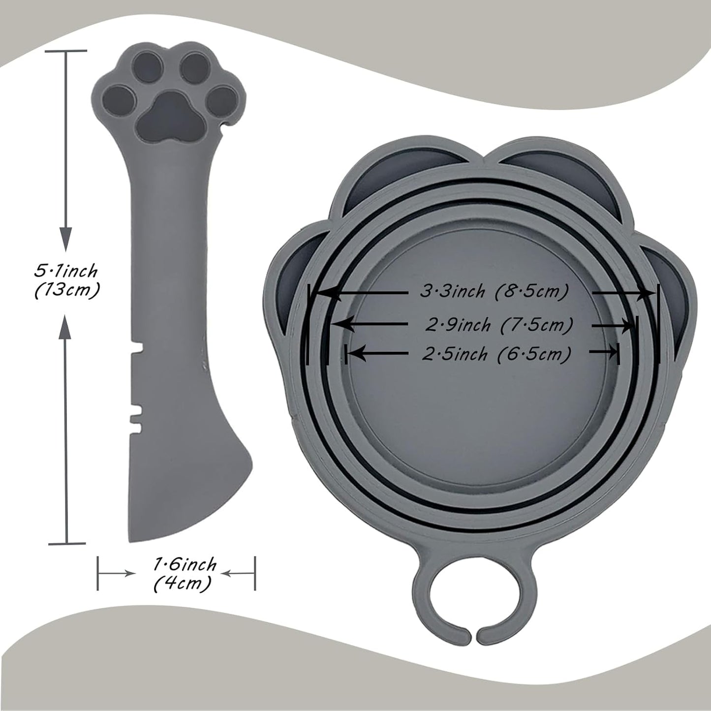 3 Pcs Cat Food Can Covers & One Can Opener | Cute Paw Shape Can Covers and Opener Spatula Cat Wet Food Spoon | Universal BPA Free Silicone Can Food Spoon & Covers for Dog Cat Cans(Grey)