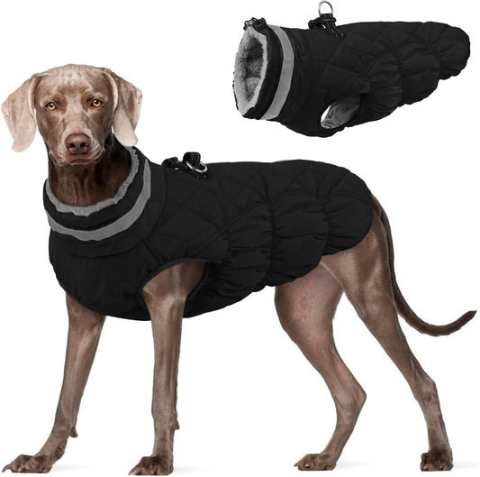 FUAMEY Dog Coat for Large Dogs,Waterproof Dog Winter Jacket with Harness Built in Puppy Cold Weather Coats Reflective Pet Vest with Zipper Warm Fleece Dogs Snowsuit Windproof Solid Black 2XL