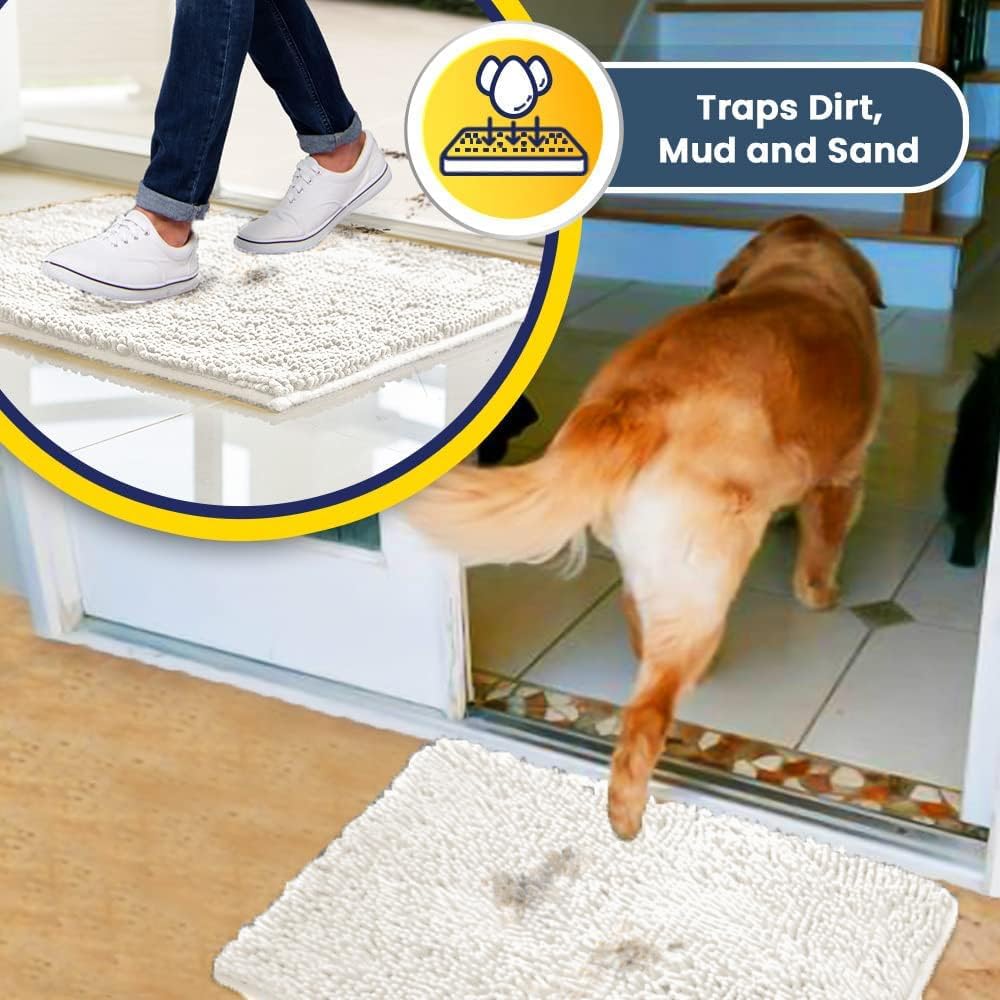 Muddy Mat® AS-SEEN-ON-TV Highly Absorbent Microfiber Door Mat and Pet Rug, Non Slip Thick Washable Area and Bath Mat Soft Chenille for Kitchen Bathroom Bedroom Indoor and Outdoor - White 24" x 120"