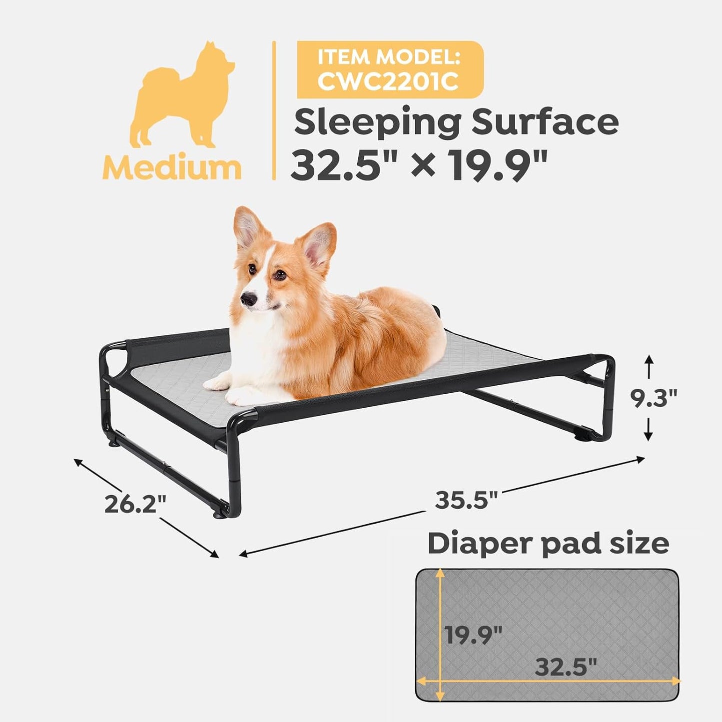 Veehoo Original Outdoor Elevated Dog Bed, Cooling Raised Dog Cot for Large Dogs, Portable Standing Pet Hammock Platform with Washable Breathable Mesh, No-Slip Feet, 35.5" x 25.5", Black