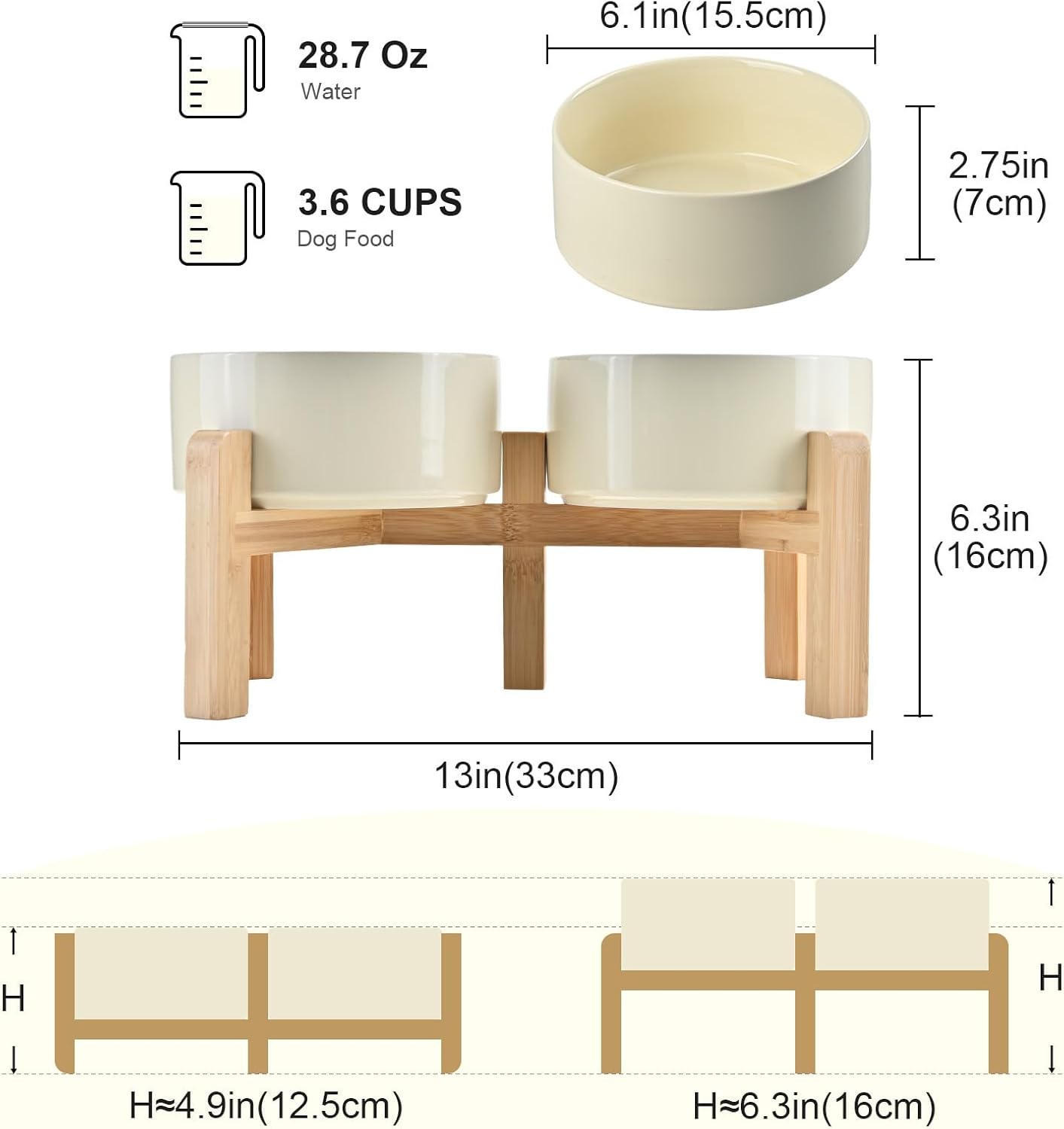 SPUNKYJUNKY Elevated Dog Bowls Ceramic, 6.1'' Dogs and Cat Food Water Bowls Raised with Non-Slip Bamboo Stand for Medium Sized Breed Microwave Dishwasher Safe - 28.7 OZ,Beige
