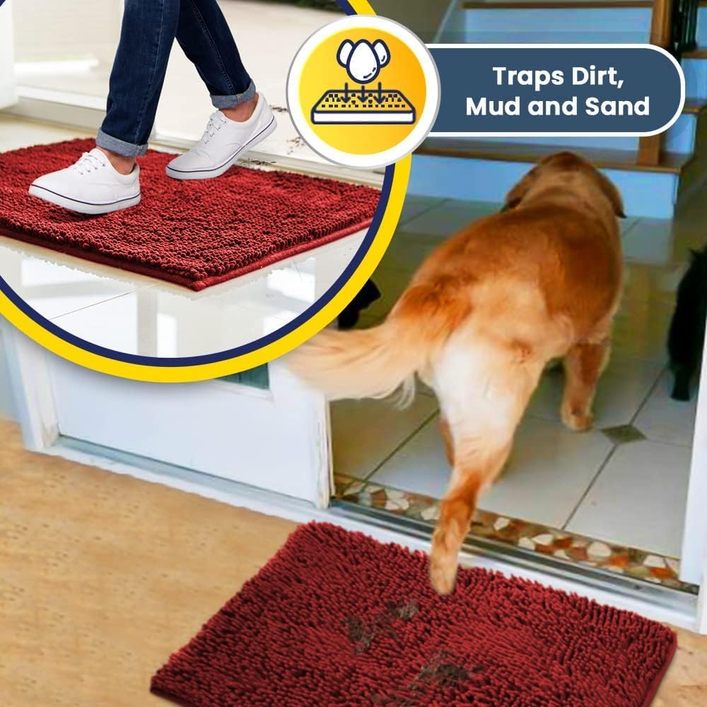 Muddy Mat® AS-SEEN-ON-TV Highly Absorbent Microfiber Door Mat and Pet Rug, Non Slip Thick Washable Area and Bath Mat Soft Chenille for Kitchen Bathroom Bedroom Indoor and Outdoor - Red 36" x 120"