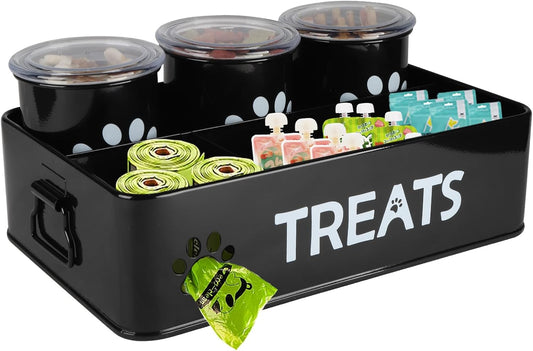 28oz Metal Dog Treat Container Set of 3,Dog Treat Jars with Airtight Lids,Cat Treat Jar,Dog Treat Canister for Countertop,Coated Galvanized Steel Dog Treats Station-Black