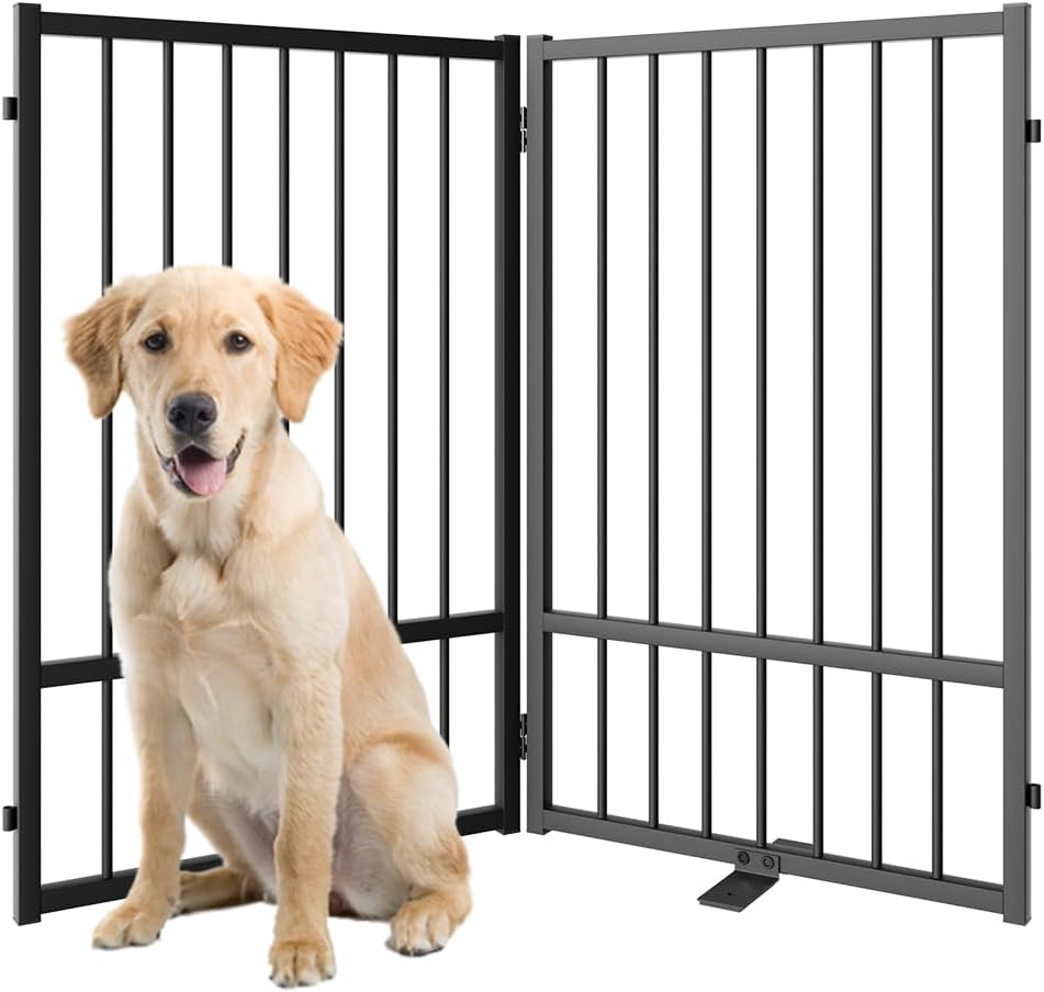 Full Metal Freestanding Dog Gate with Door, 32''Height Foldable Pet Dog Fence for Indoor & Outdoor, 2 Panels Extra Wide Free Standing TallDog Gates for Doorways,House,Stairs,Porch,Deck,Yard