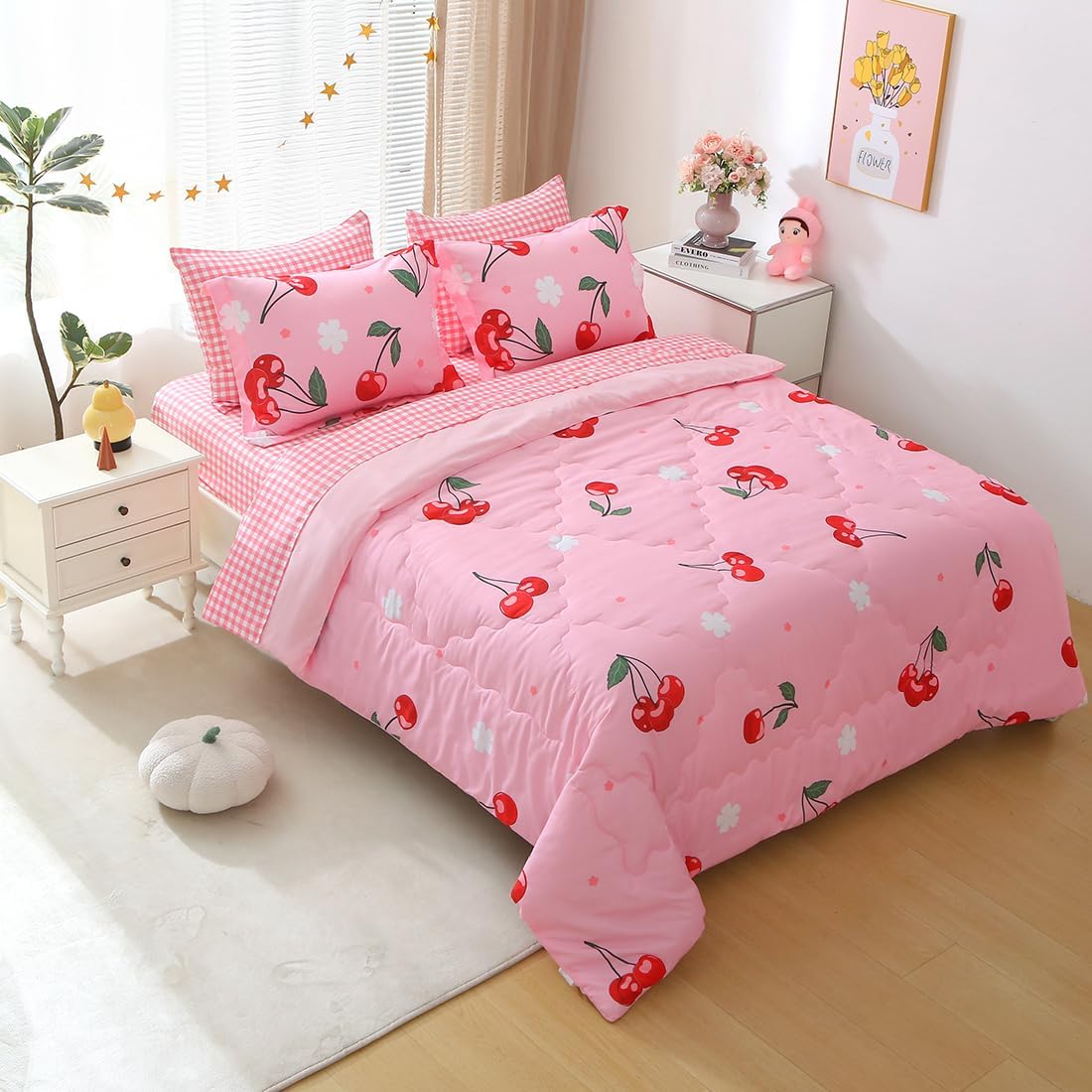 Girls Cherry Comforter Bedding Set Twin Size 7 Piece Pink Kawaii Oriental Cherry Comforter Set Bed in A Bag for Kids Teens All Season (Comforter,Flat Sheet,Fitted Sheet and Pillow Sham)