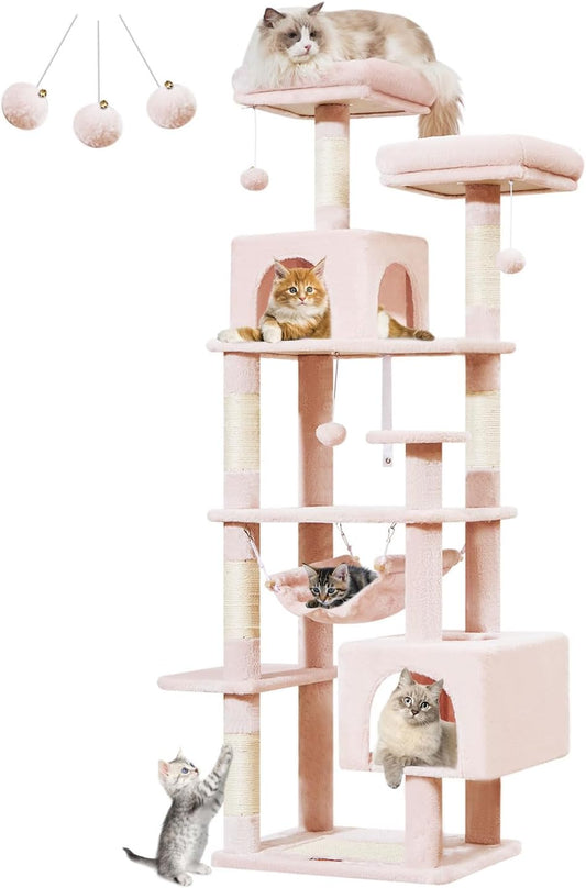 Taoqimiao Cat Tree, 68-Inch Cat Tree Cat Tower for Indoor Cats, Plush Multi-Level Cat Condo with 6 Scratching Posts, 2 Perches, 2 Caves,Hammock, 3 Pompoms,MS020SP Jelly Pink