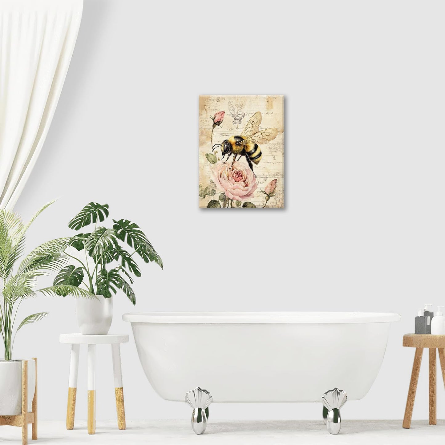 Rustic Bee Bathroom Pictures Wall Art, Vintage Floral Bathroom Wall Decor, Pink Rose Flower Framed Painting Canvas Artwork for Bedroom Living Room Decorations 20"L x 16"W