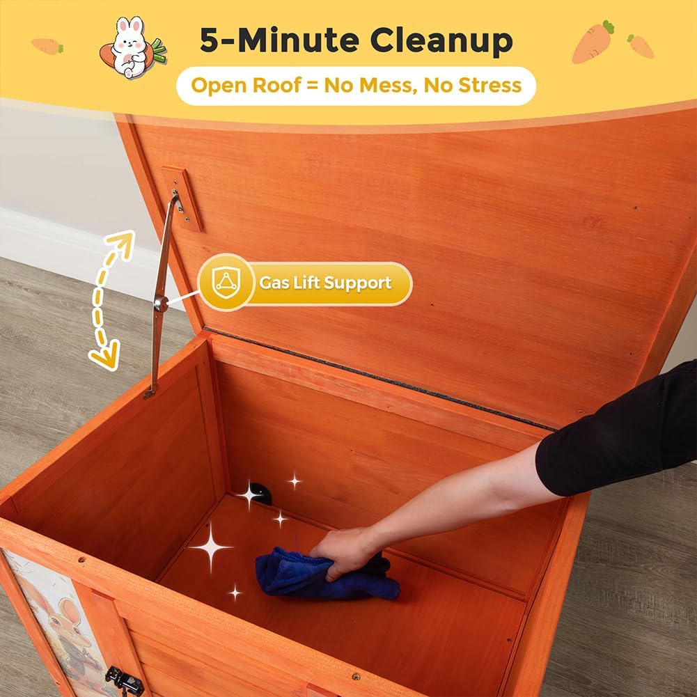 COZIWOW 24in Wooden Cat House Outdoor & Indoor Pet Shelter with Foldable Ramp - Weatherproof Rabbit Hutch with Unique Machine-Printed Art Designs for Cat, Rabbit, Guinea Pig (Orange)