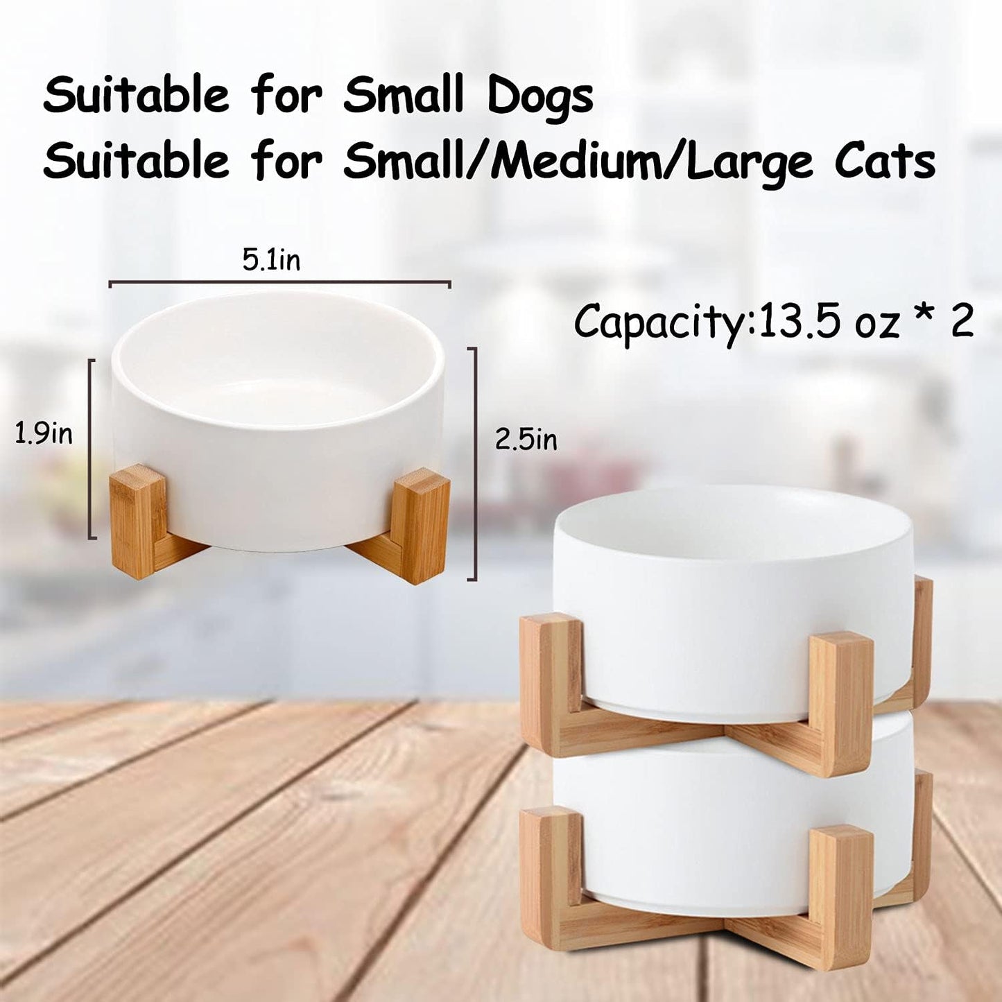 Petygooing White Ceramic Cat Dog Bowl Set with Stand,Small Dog Bowls,Pet Food and Water Dish, Anti Slip Set of 2 Cat Bowls Pet Food Bowl- Pet Dish Small Size Pet (13.5OZ/5.1 in)
