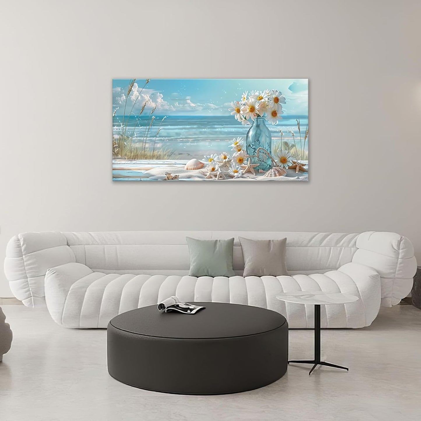 Large Beach Wall Art for Living Room Flower Daisy Art Big Space Size Framed Ocean Shell Canvas Prints Blue Pictures Painting Artwork Office Bedroom Home Decor 60"x30"