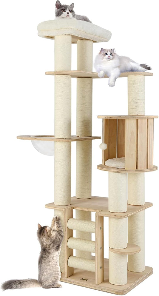 Tangkula 71” Tall Cat Tree, Multi-Layer Wood Cat Tower with Scratching Posts, Perch, Condo, Space Capsule, Ladder, Dangling Ball, Washable Cushions, Modern Cat Tree Tower for Indoor Cats Large Adult