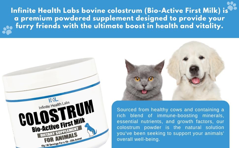Bio-Active Bovine Colostrum for Dogs, Cats, Puppies, Kittens & Pets - Daily Colostrum Powder Supplement 40g (80 Servings)