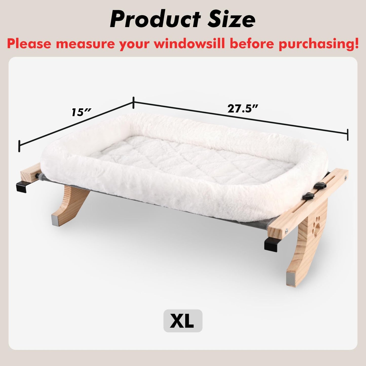 AMOSIJOY Cat Sill Window Perch Sturdy Hammock Window Seat with Cushion Cover, Wood & Metal Frame for Large Cats, Easy to Adjust Cat Bed for Windowsill, Bedside, Drawer and Cabinet (XL)