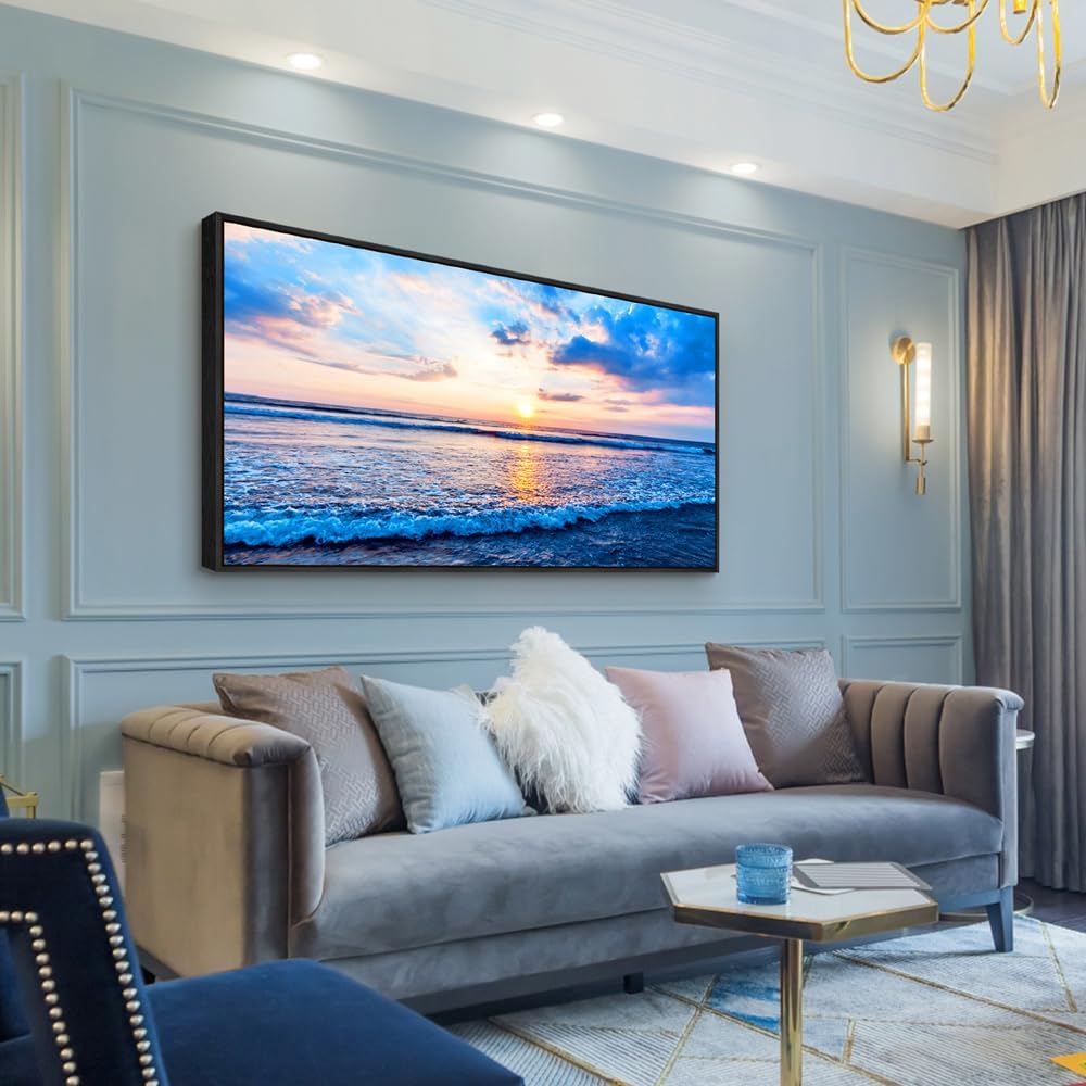 Wapluam Bedroom Decor: Blue Beach Sea Waves Landscape Canvas Print, Large Wall Art, Ready To Hang, Black Framed