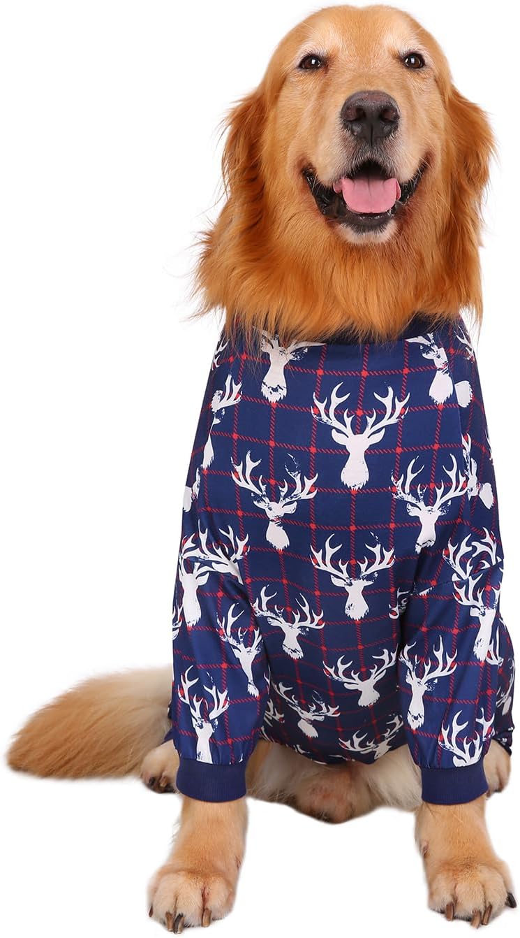 HDE Dog Pajamas One Piece Jammies Jumpsuit Pet Clothes Outfit Stretchy Lightweight Comfy Shirt Pjs for M-3XL Dogs Reindeer - L