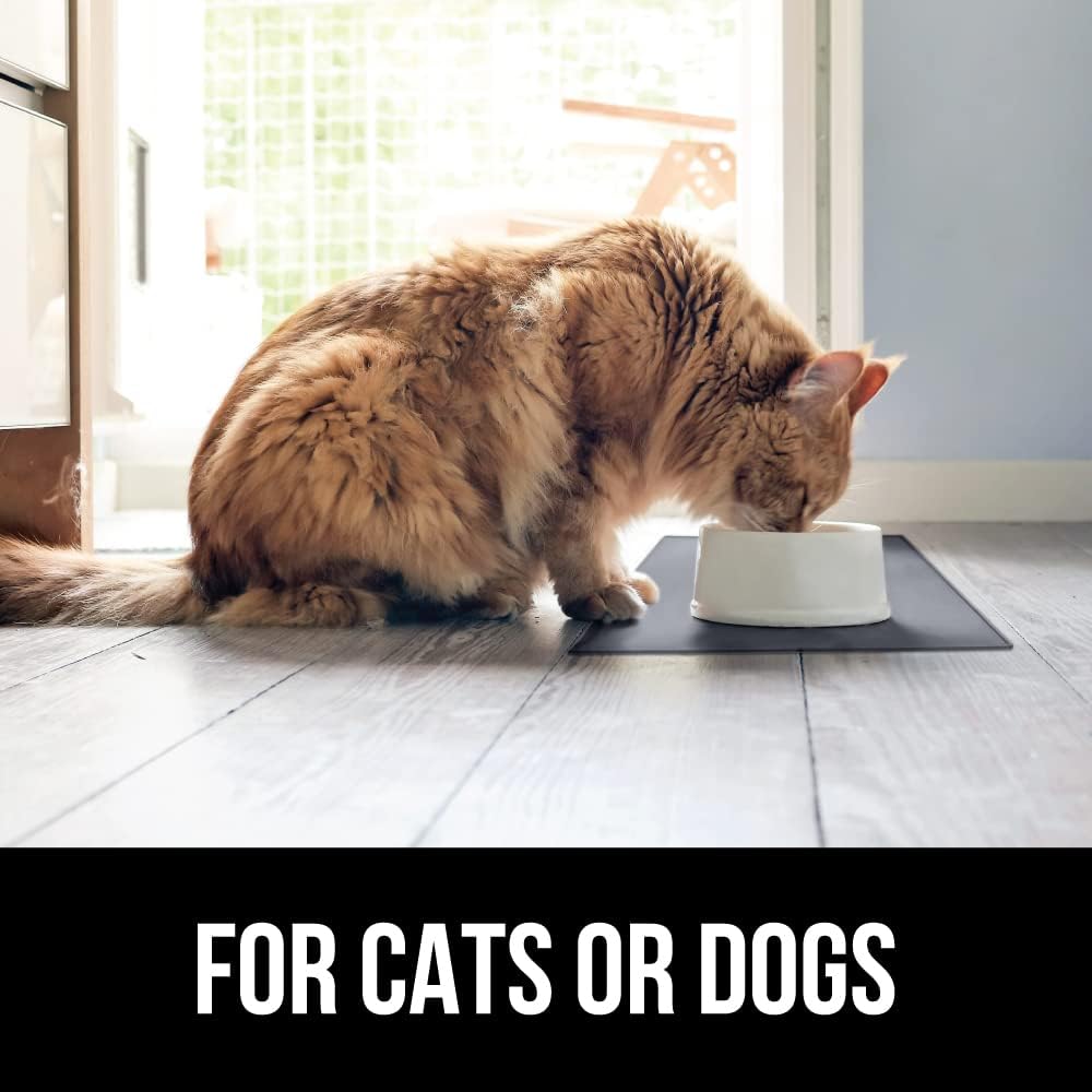 GORILLA GRIP 100% Waterproof Raised Edge BPA Free Silicone Pet Feeding Mat, Dog Cat Food Mats Contain Spills Protects Floors, Placemats for Cats and Dogs Water Bowl, Pets Accessories 28x18 Gray
