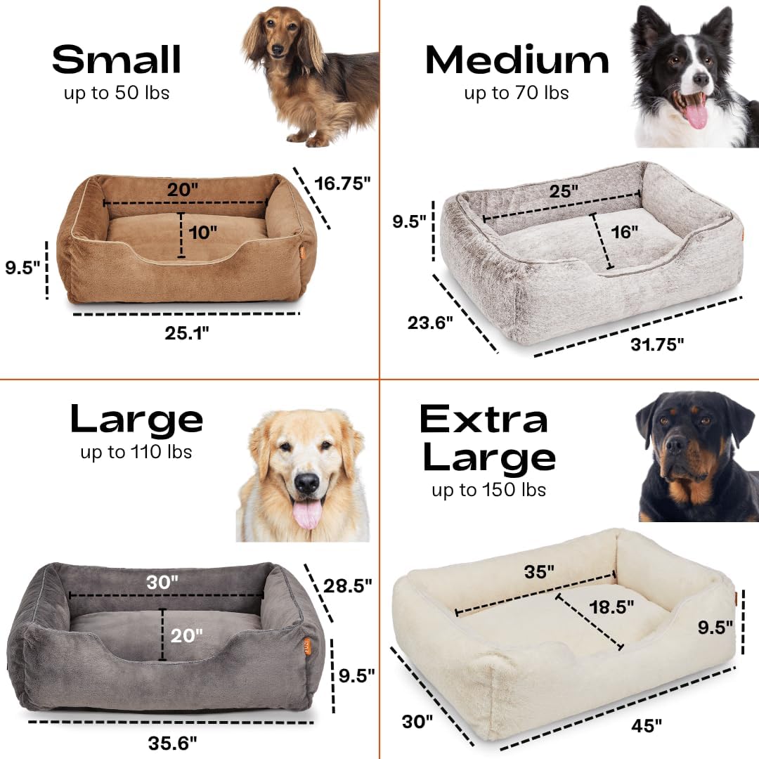 FUZI Luxury Aesthetic Dog Bed with Extra Cover for Large Dogs, Washable Pet Couch, Pet Bed with Sides, Non-Slip Bottom, Soft & Durable Calming Dog Bed, Faux Rabbit Fur, Large 35.6x28.5x9.5 Light Brown