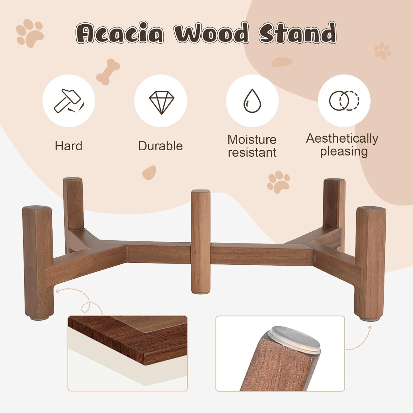 SPUNKYJUNKY Ceramic Elevated Dog Bowl Set with Acacia Wood Stand for Food and Water for Cat and Small Dog (13.52 OZ, White and Reddish Brown)