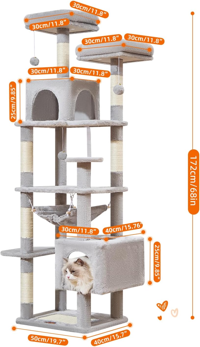 Taoqimiao Cat Tree, 68-Inch Cat Tree Cat Tower for Indoor Cats, Plush Multi-Level Cat Condo with 6 Scratching Posts, 2 Perches, 2 Caves,Hammock, 3 Pompoms,MS020SW Light Gray