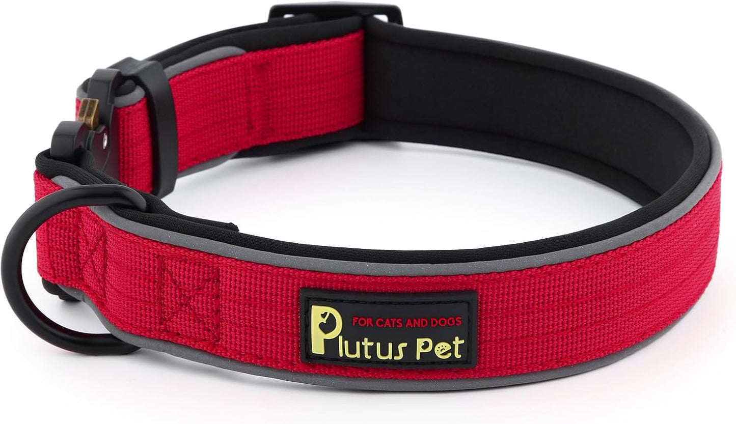 Plutus Pet Tactical Dog Collar, Reflective, Adjustable Heavy Duty Dog Collar, Soft Padded and Comfortable, for Small Medium and Large Dogs (Red, S)