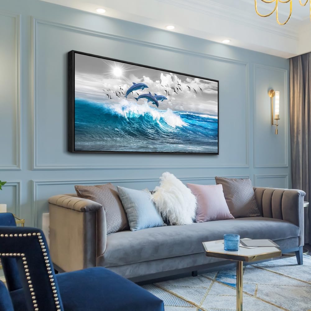 Wapluam Large Wall Art For Living Room Wall Decorations For Bedroom Blue Waves Of The Sea Wall Pictures Artwork Modern Office Dolphins Canvas Print Wall Paintings Black Framed Home Decor Poster