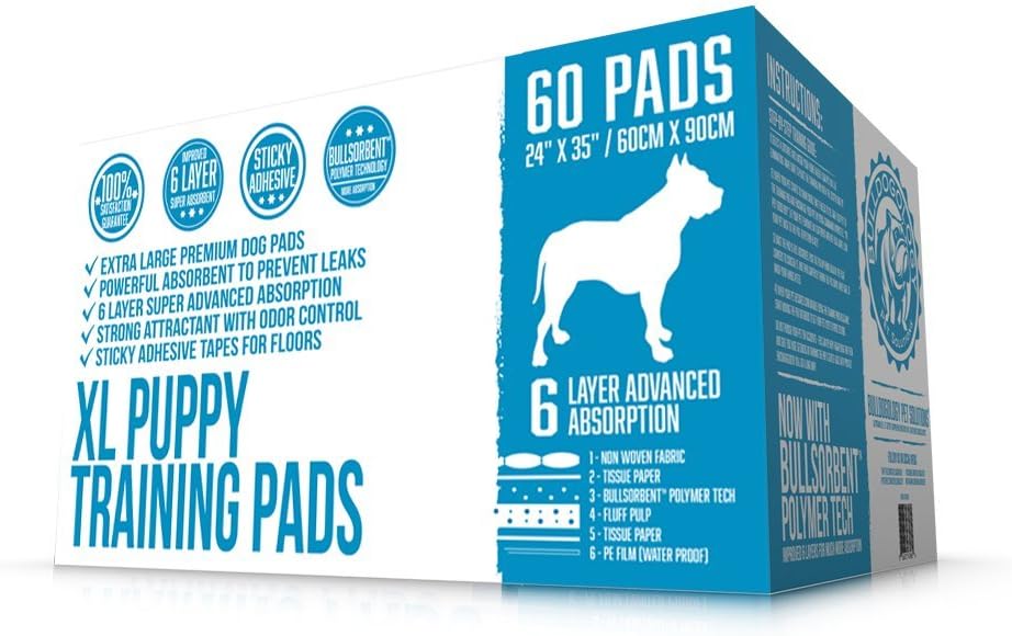 Bulldogology Puppy Pee Pads XL with Adhesive Sticky Tape - Extra Large Dog Training Wee Pads (24x35) 6 Layers with Extra Quick Dry Bullsorbent Polymer Tech (360-Count, White)