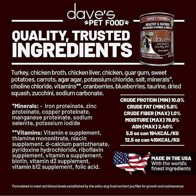 Dave's Pet Food Grain Free Wet Cat Food Pate (Turkey), Made in USA Naturally Healthy Canned, Added Vitamins & Minerals, Carrageenan-Free, 5.5 oz Cans (24 Pack)