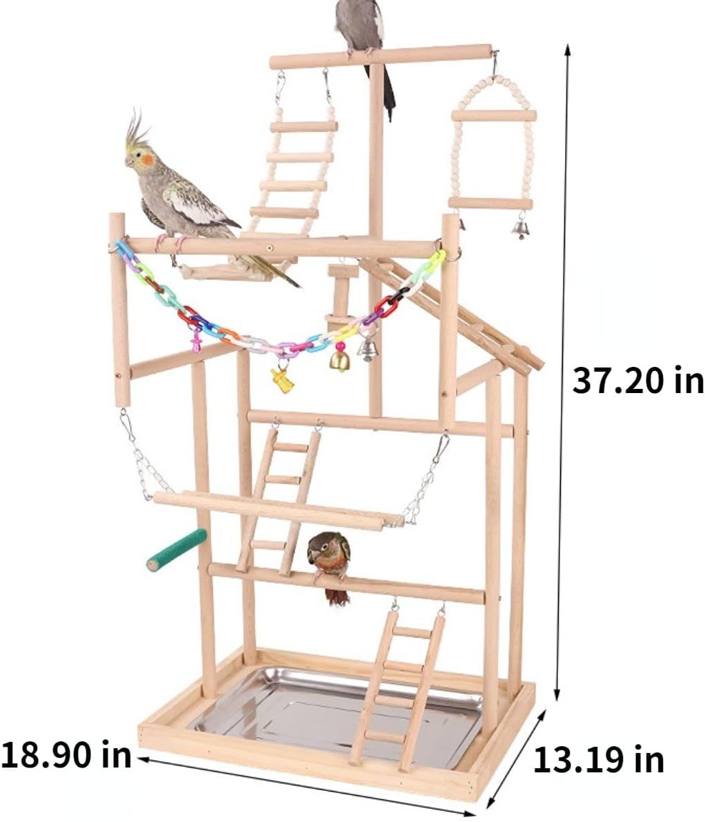 Pet Parrot Playstand Parrots Bird Playground Bird Play Stand Wood Perch Gym Playpen Ladder with Feeder Cups Bells Swing for Cockatiel Parakeet Random Color