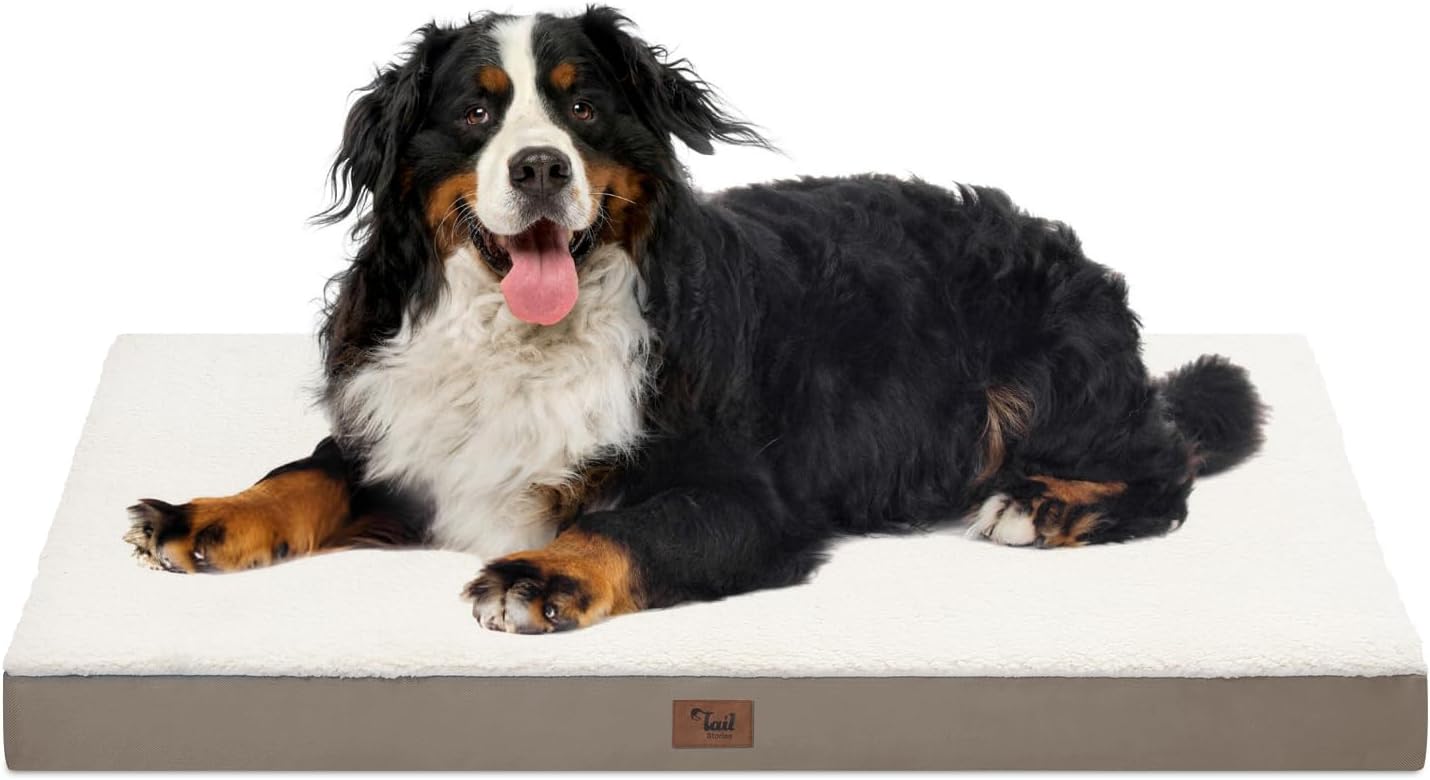 Dog Crate Bed Washable Dog Beds for Large Dogs, Big Waterproof Orthopedic Pet Bed with Egg Crate Foam Pet Mat, Removable Oxford Cooling Cover, Khaki White