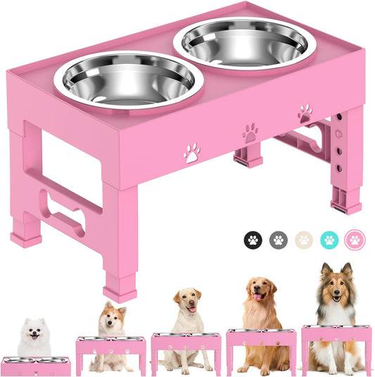 Elevated Dog Bowls with 2 Stainless Steel Bowls, Raised Dog Food Bowl Stand 5 Height Adjustable (3.1", 9", 10", 11", 12") Non-Slip Feeder Set for Medium and Large Dogs - Pink