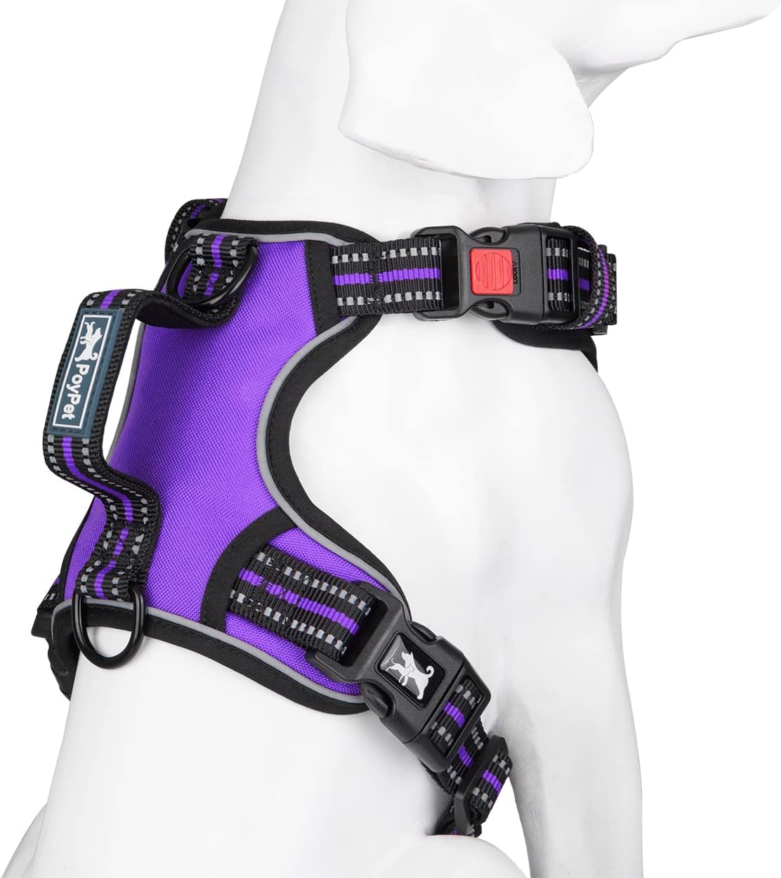 PoyPet No Pull Dog Harness, No Choke Front Clip Reflective Dog Vest with Soft Padded Vertical Handle, 3 Leash Attachments for Small Medium Large Dogs (Purple,S)