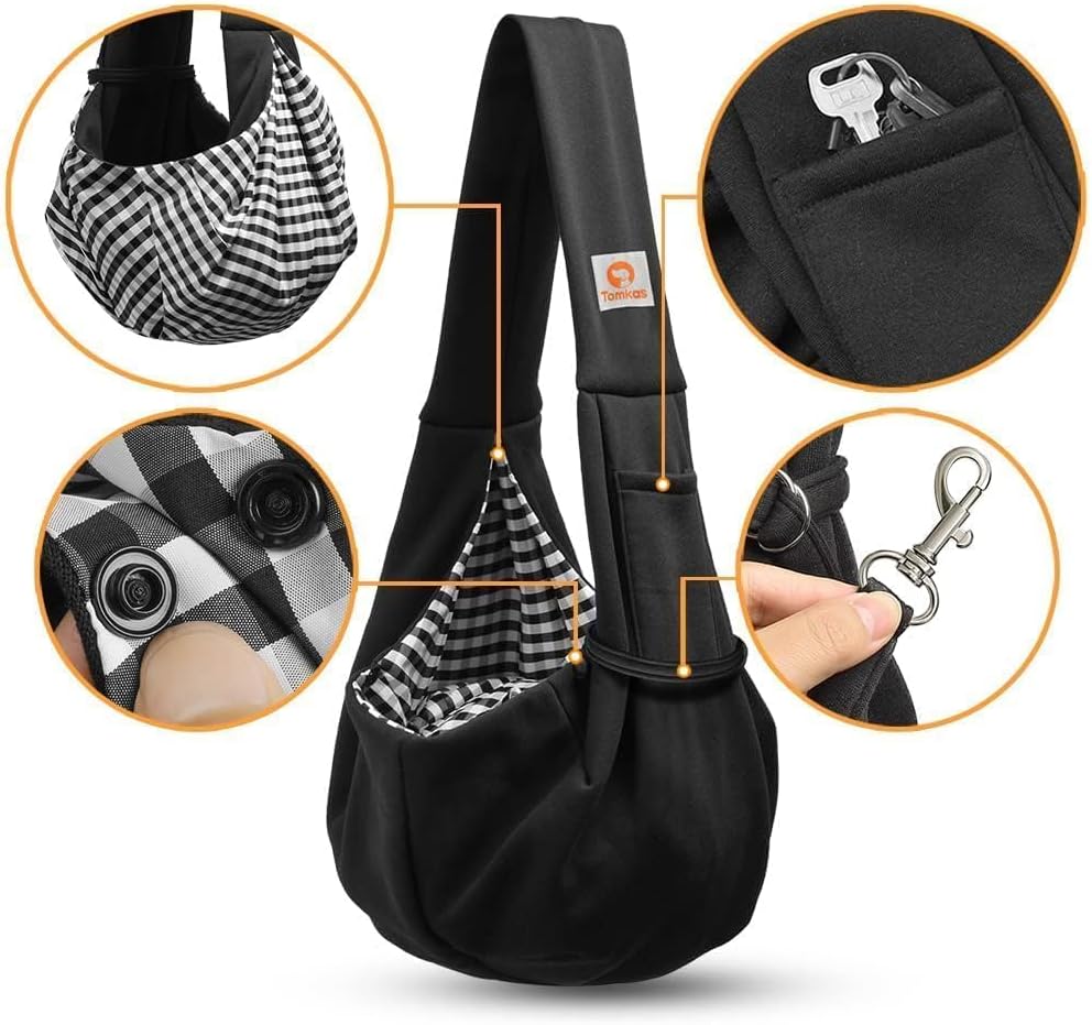 Tomkas Small Dog Sling Carrier - Classic Pocket & Classic Strap - for 3-10 lbs Pets(Black)