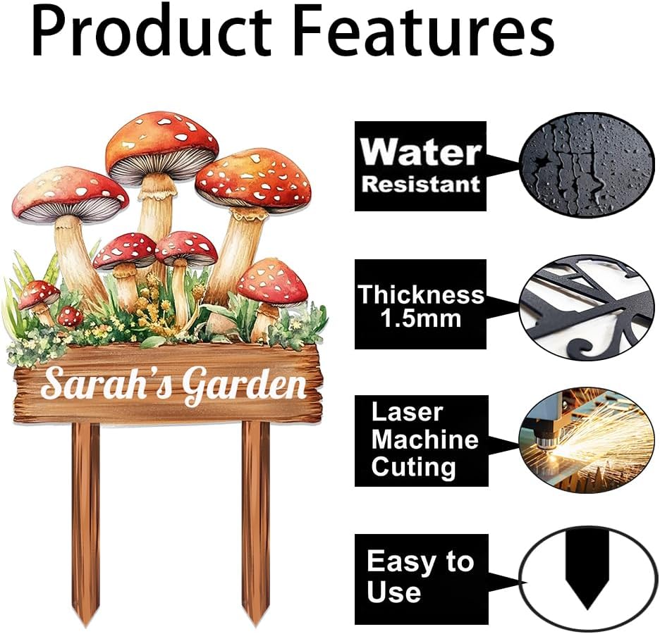 Personalized Mushroom Metal Sign with Stake,Custom Gardener Family Name Signs Outdoor Decor,Customized Flower Gardening Housewarming Gifts,Flowers Plaques for Patio Lawn Porch Backyard Farmhouse
