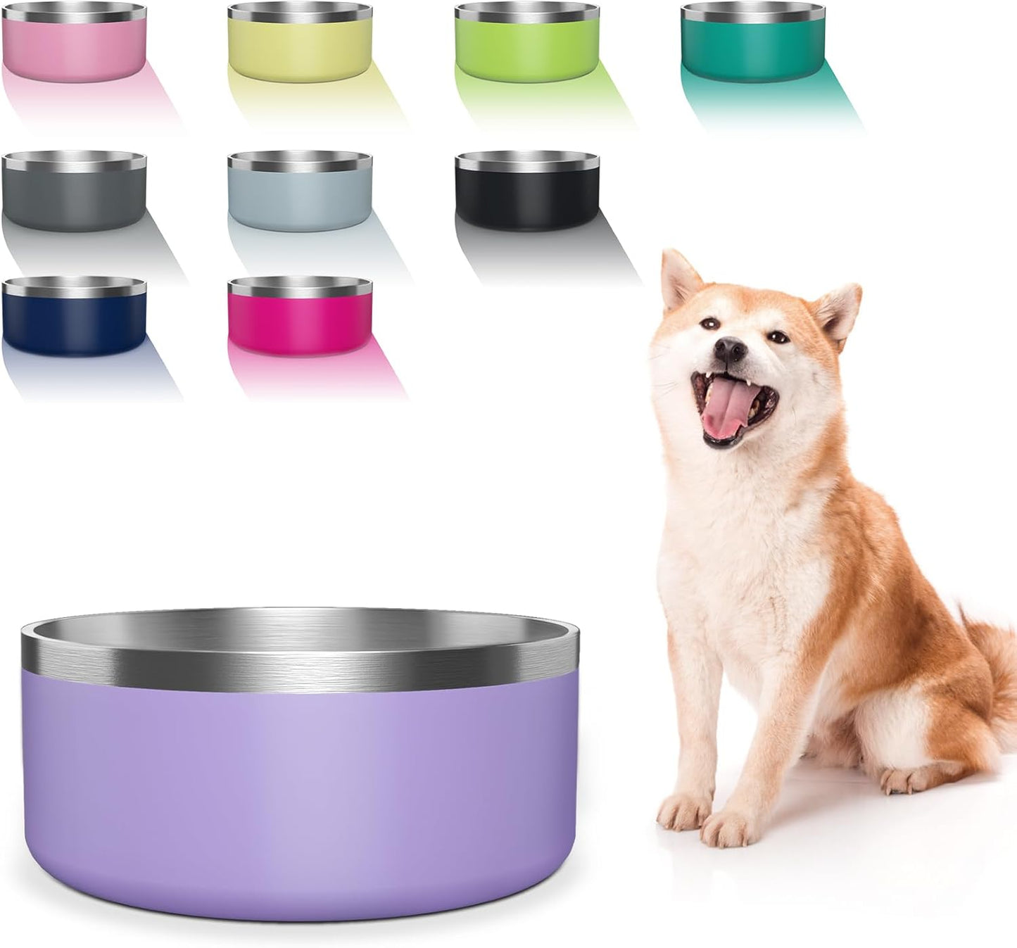 Dog Bowl, Stainless Steel Dog Food and Water Bowl with Non Slip Quiet Bottom, Easy to Clean, Dishwasher Safe, 64oz, Light Purple
