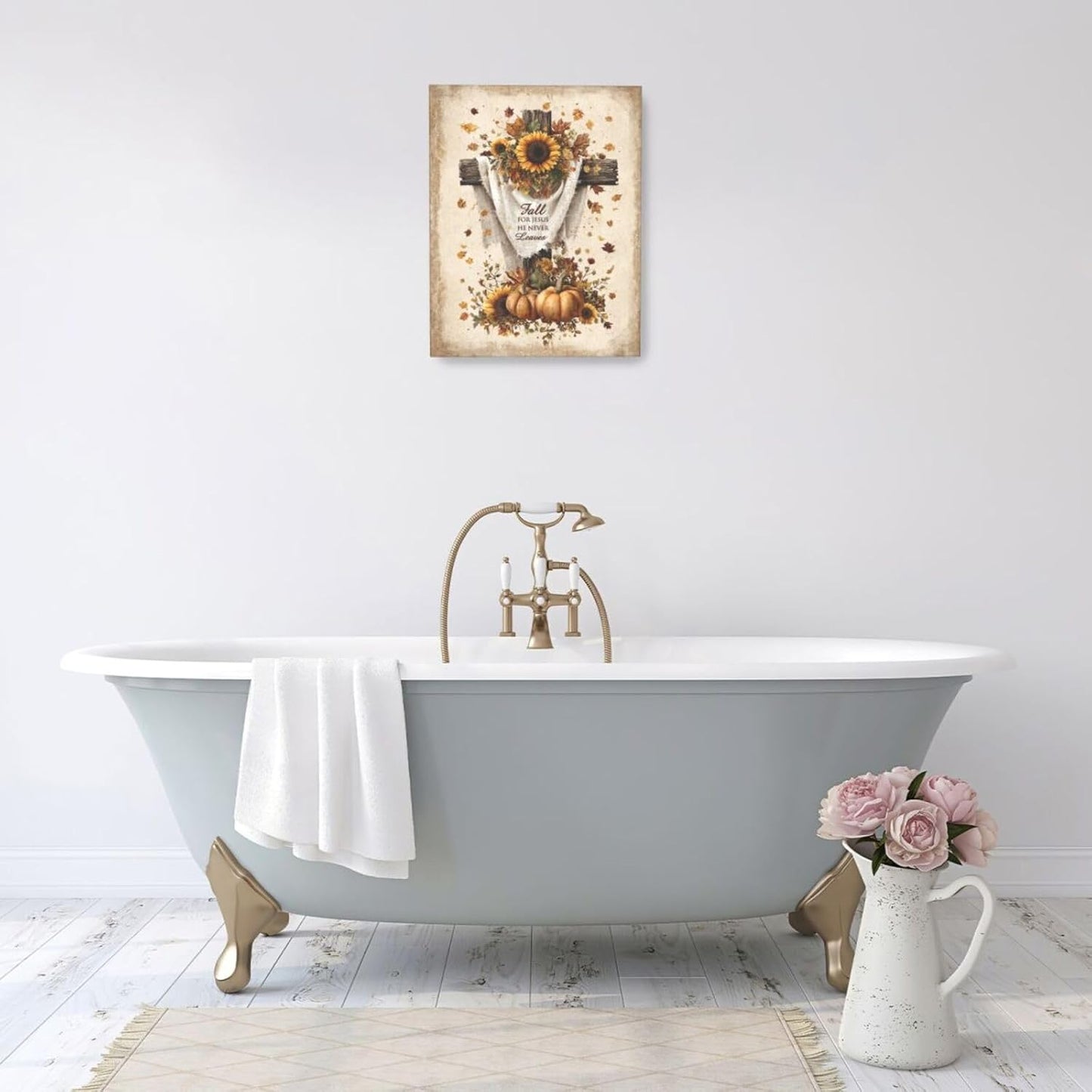 Christian Fall Wall Art Autumn Rustic Cross Sunflower Pumpkin Wall Decor Fall for Jesus He Never Leaves Pictures Painting Print Framed Artwork Decorations Gifts for Living Room Bedroom Prayer Room Office 16"x20"