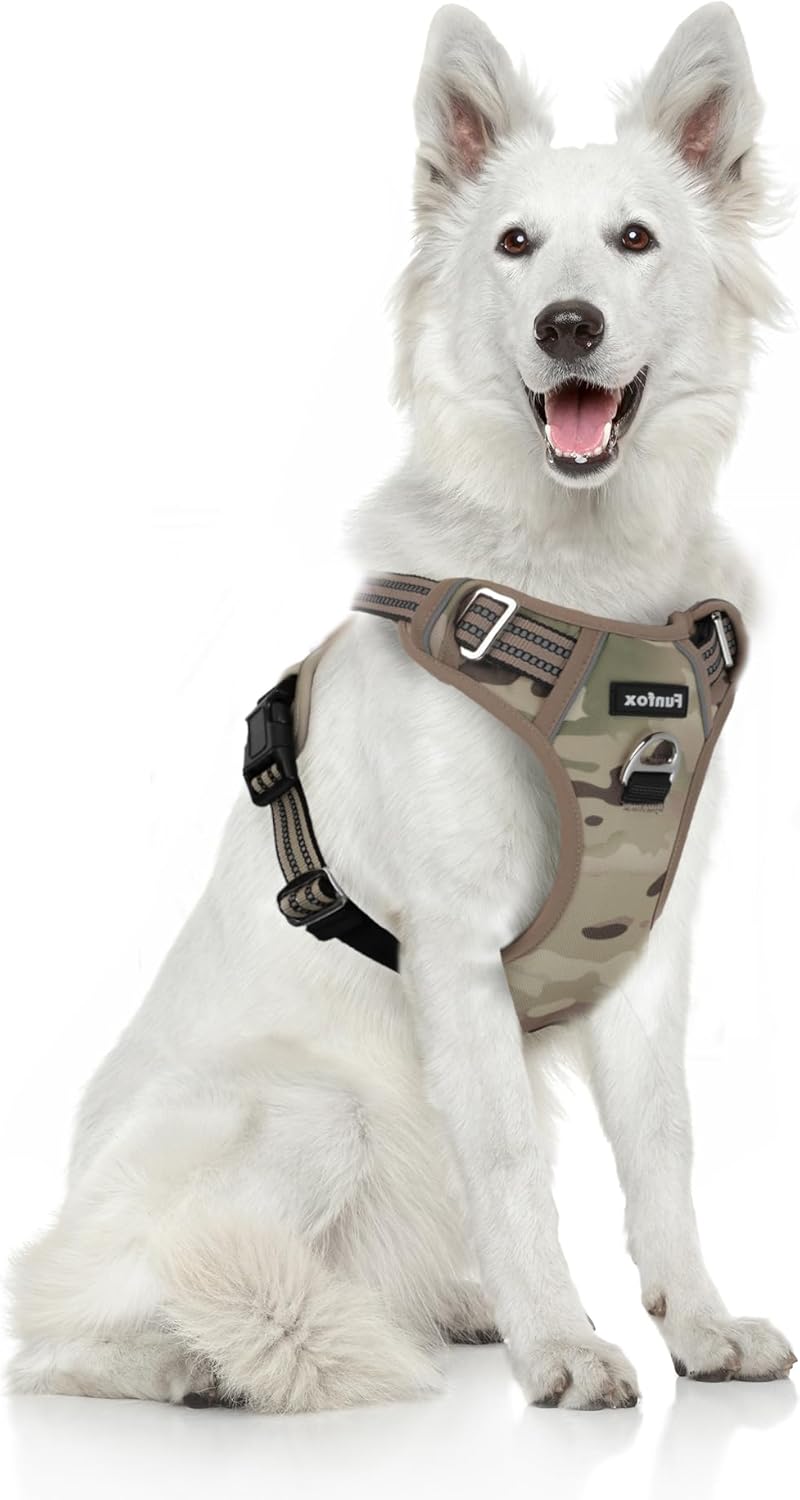 Funfox Dog Harness No Pull, Adjustable Pet Vest Harness, Super Soft Material with Vertical Handle Easy Control, Reflective Night Walking, 2 Leash Clips for XLarge Dogs, Camo Brown, XL